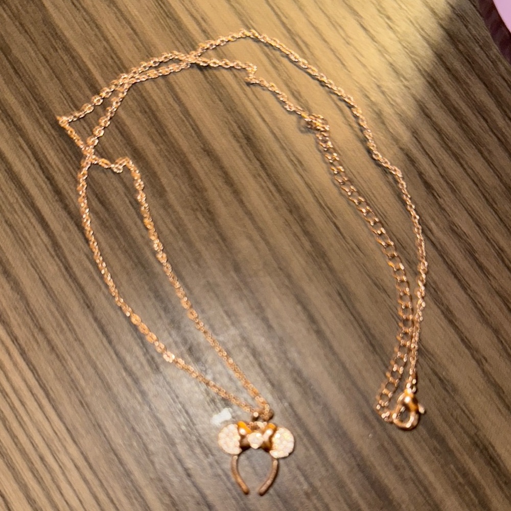 Disney Parks Rose Gold Ears Necklace Rebecca Hook Jewelry Minnie Mouse Bow - Picture 3 of 4